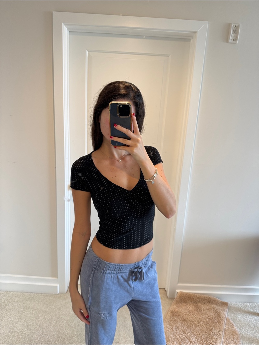 Brandy Melville Black & White Polka Dot V-Neck Crop Top
